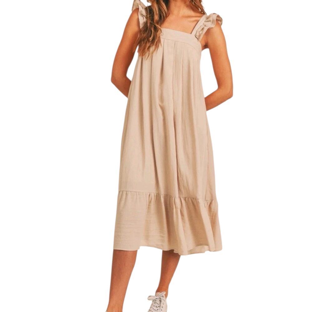 Women's Mable Pink Midi Dress  Ruffle Hem Square Neck Short Flutter Sleeves S